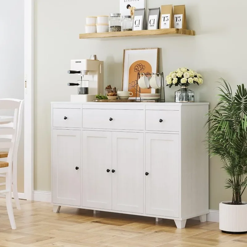 

Buffet Cabinet White Sideboard Storage Cabinet with 3 Drawers & 4 Doors Adjustable Shelves, 47” Modern Coffee Bar Cabinet