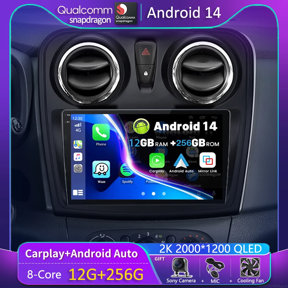 

Android 14 Carplay Car Radio For Renault Logan 2 Sandero 2 2012 - 2019 Navigation GPS Multimedia Player wifi+4G SIM BT DSP 2 DIN