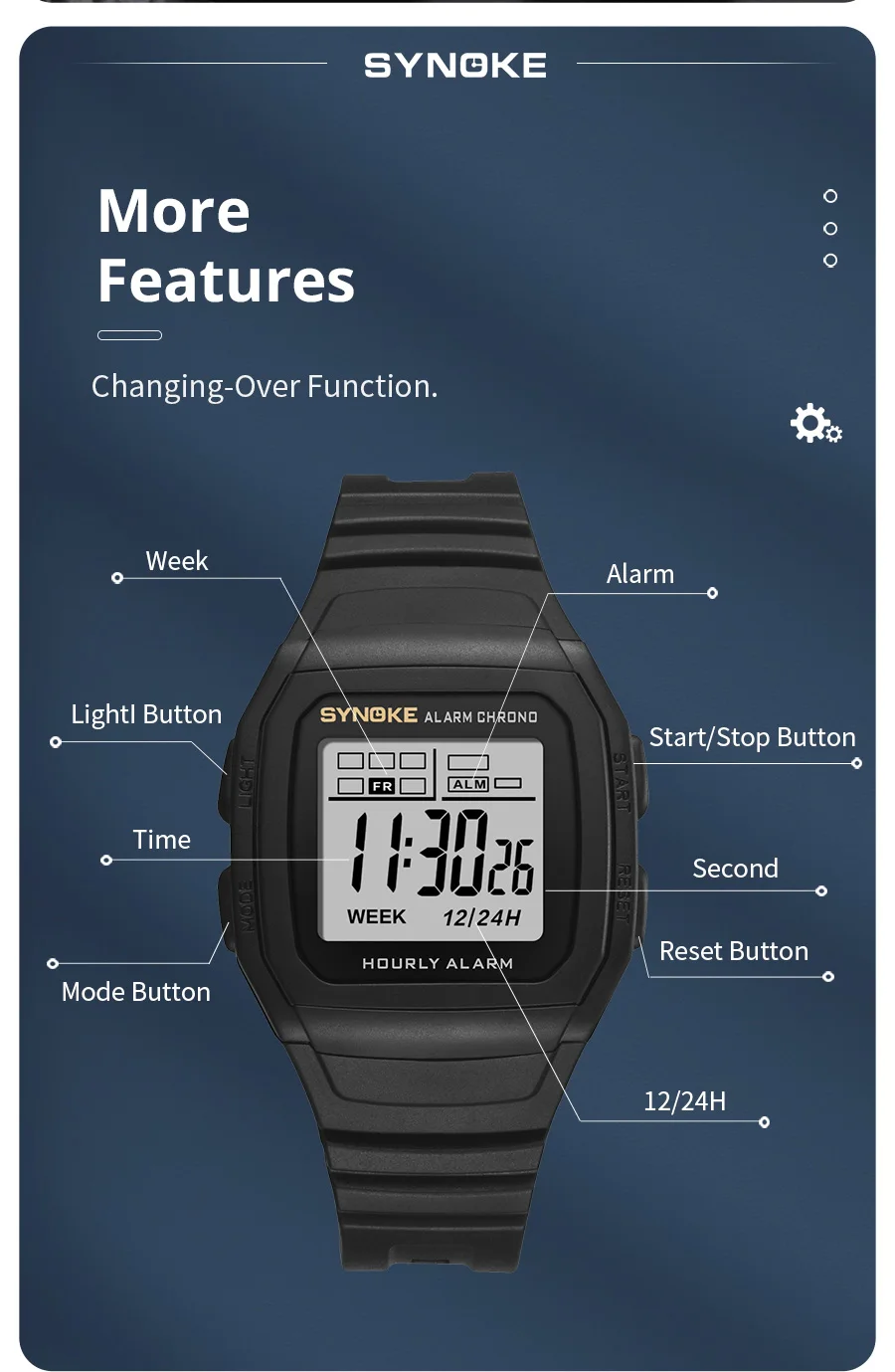Synoke digitaluhr student elektronische outdoor sport junge leuchtende wasserdichte multifunktion uhr retro quadratische uhr – Detail 9