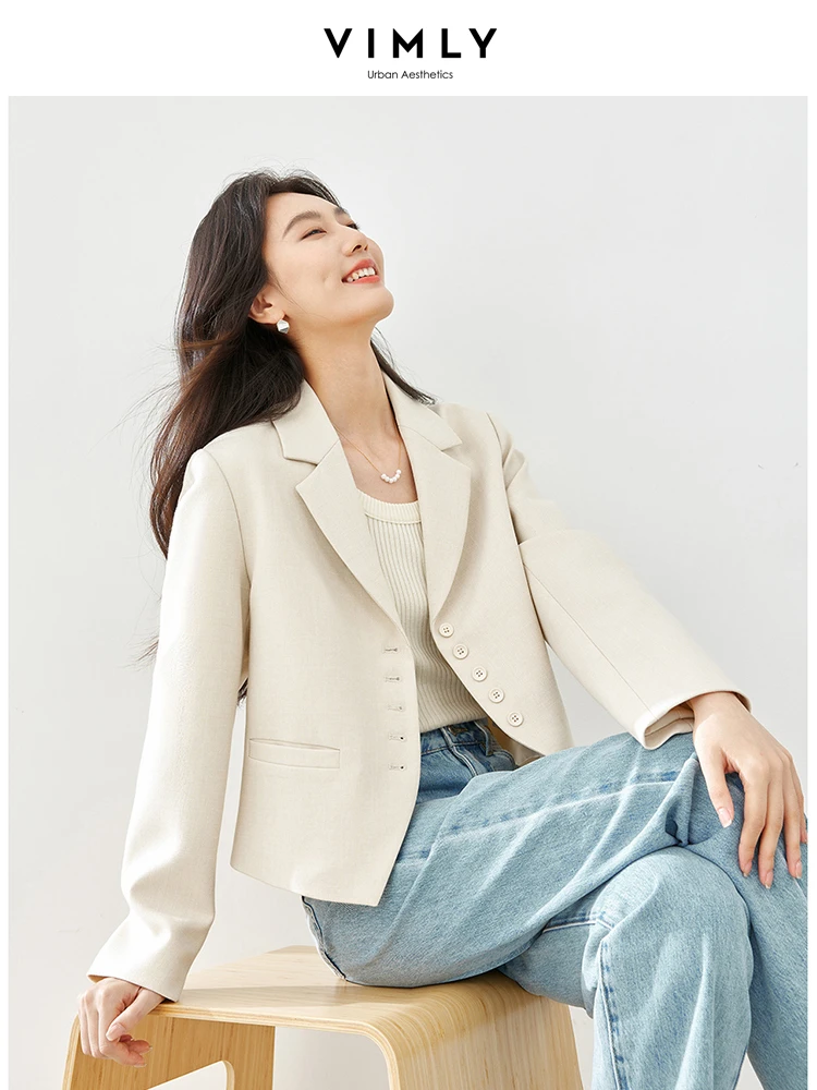 Vimly Spring Cropped Suit Jacket Women Blazer Solid Notched Single Breasted Long Sleeve Coat Office Ladies Outerwear M5168