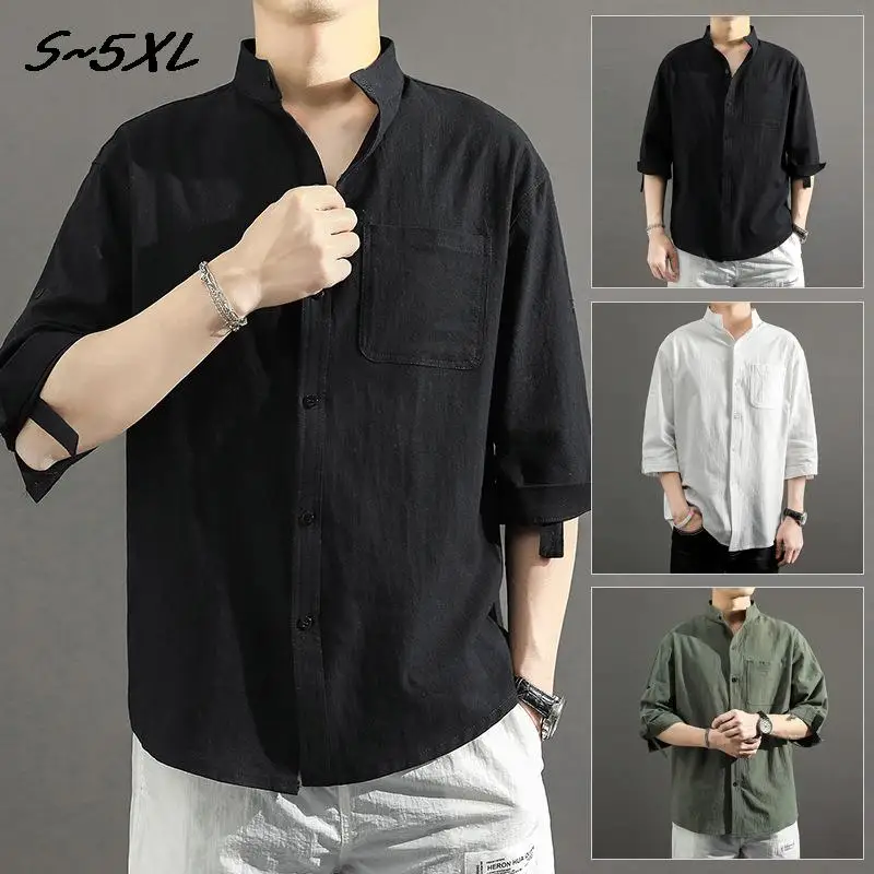 

Cotton Linen Men's Shirts Men's Vacation Vintage Solid Stand-up Shirts Fashion Summer Button Shirt Beach Casual Holiday Shirts
