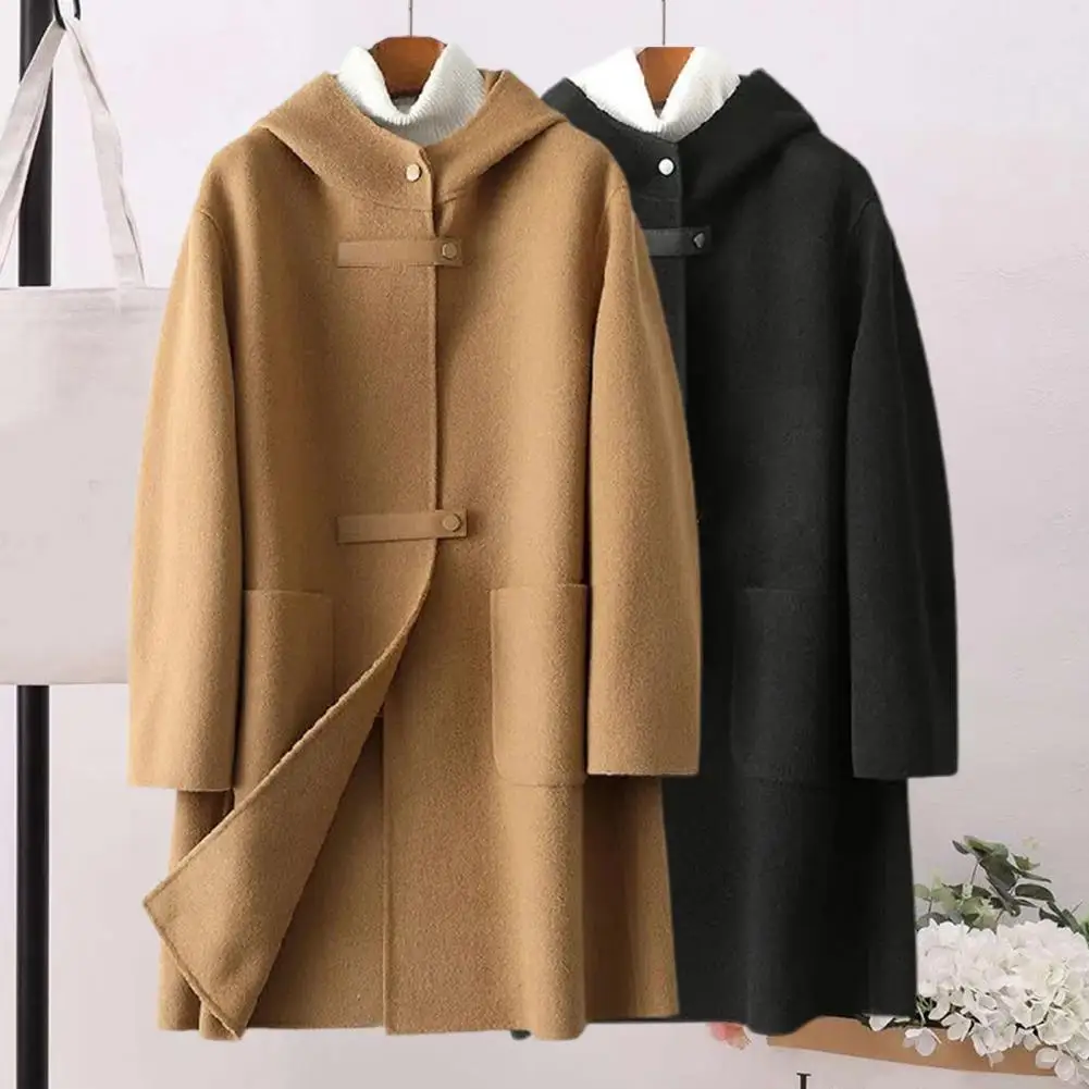 Women Winter Coat Long Sleeves Single-breasted Hooded Solid Color Pockets Single Side Cashmere Wool Thick Lady Overcoat пальто