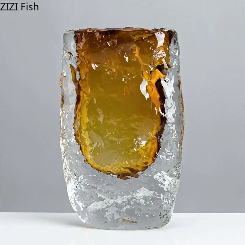 Transparent Amber Wrinkle Glass Vase Hydroponics Floral Vases Desk Decoration Artificial Flowers Decorative Flower Arrangement 3
