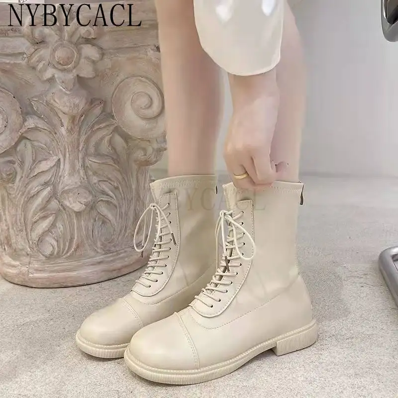 2022 Autumn Winter Women Ankle Boots Shoes Solid Black Beige Lace-up Square Toe Rubber Elegant fashion Low Heels Women Boots New