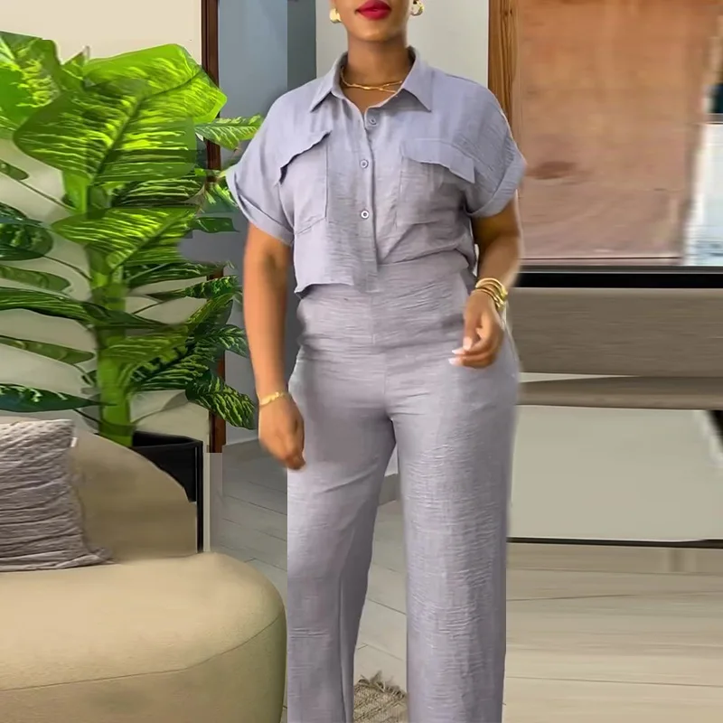 Summer Women Daily Work Suit New Elegant Women's Shirt Pants Set With Turn-down Collar Short Sleeves Wide Leg Stylish For Office