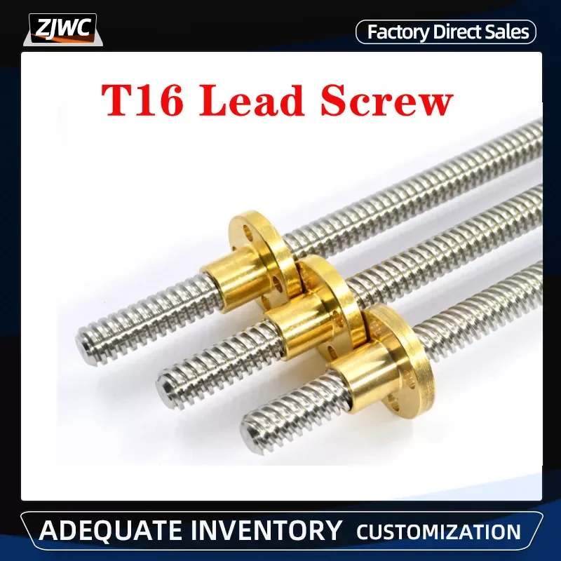 T16 Lead Screw 100mm 150 200 250 300 350 400 450 500 600 1000mm Picth 4mm Lead 4mm Trapezoidal Screw With Brass Nut