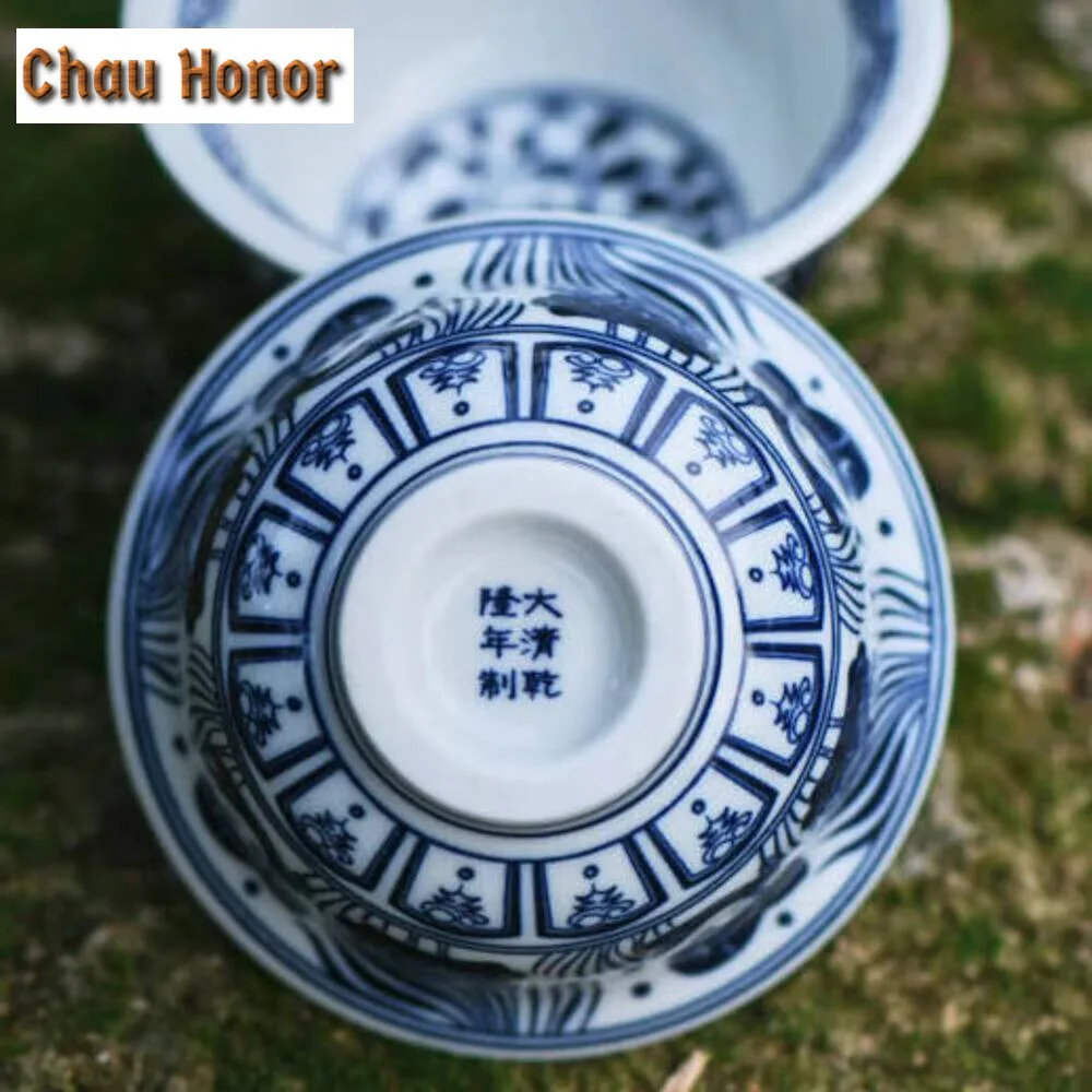 120ml Flying Crane in Flower Ceramic Tea Cup Antique Blue and White Porcelain Press Hand Cup Large Puer Tea Bowl Kung Fu Tea Set