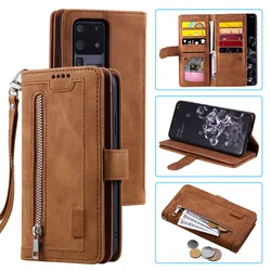 Leather Zipper Wallet Phone Case with Kickstand and Card Pocket - Galaxy S23 Ultra (Brown)