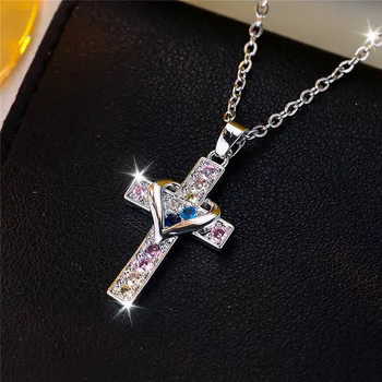 Female Charming Rainbow Heart Cross Pendant Necklace Vintage Silver Color Wedding Jewelry Gift For Women