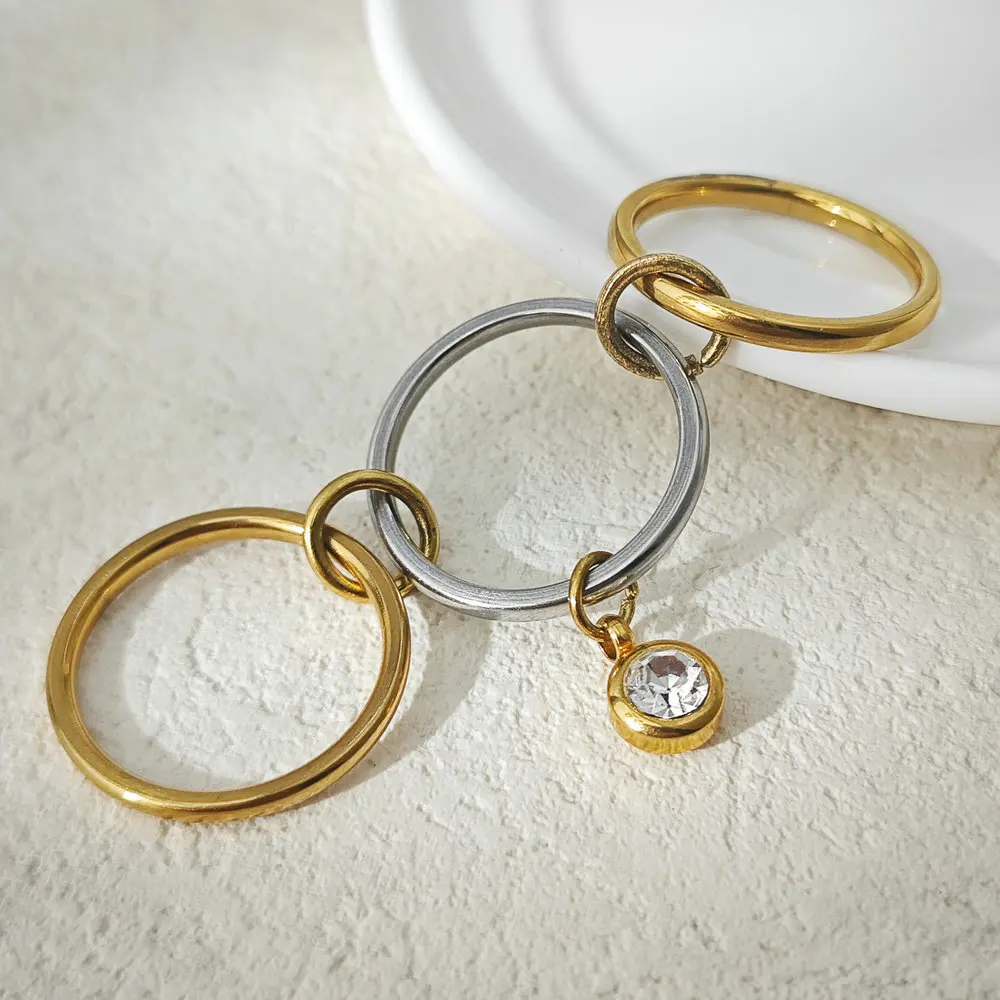 Edelstahl-Charm-Ringe-Set für Frauen, neuer INS-Mode, 12-farbiger Zirkon-Stein-Anhänger, Spinelli-Ring, einzigartiger Stapel-Schmuck – Detail 7