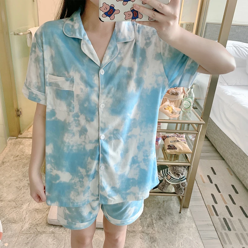 Summer Pajamas Women Cute Pyjamas Short-sleeve Lapel Cardigan Sweet Student Home Clothes Short Suit Blue Sky and White Clouds