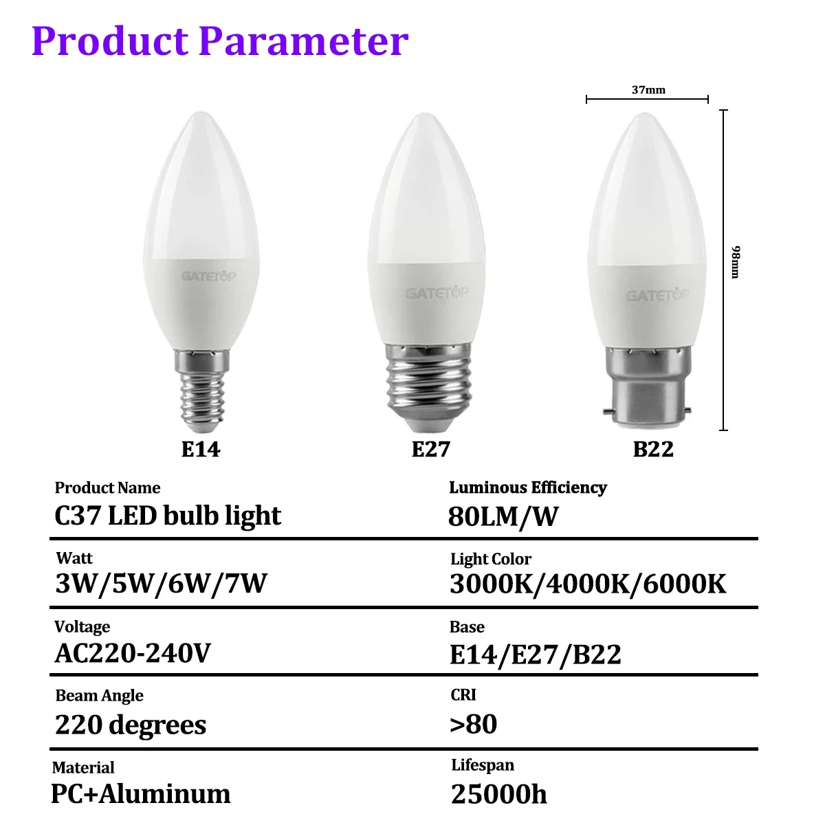 6개 LED 캔들 전구 220V E27 E14 B22 3W-7W, 고휘도 에너지 절약 전구 (샹들리에, 벽걸이 테이블 램프, 가정용 조명)