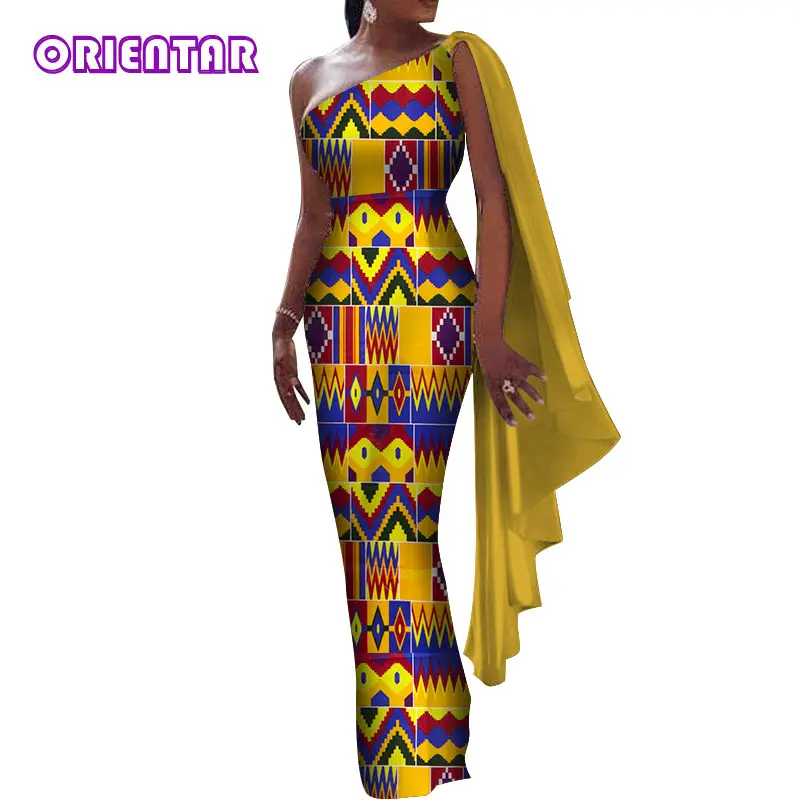 2024 African Dresses for Women One Shoulder Shawl Bodycon Long Maxi Dress Women African Print Clothing Ankara Dresses WY4966