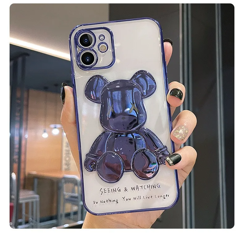 Cute Bear iPhone 13 Pro Max Case Metal Plating Border Transparent Back Cover Silicone Soft Case for iPhone12 11 Phone Case XR SX phone pouch bag