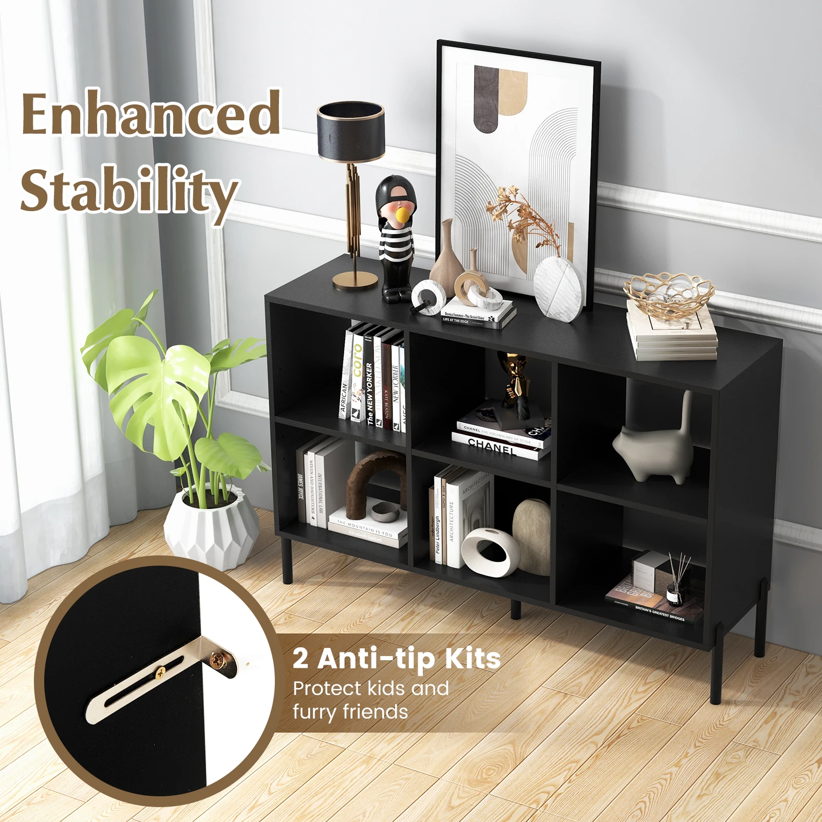 GOFLAME 6m³ Storage Bookcase 3-Tier Wooden Open Bookshelf with 5 Metal Legs & Adjustable Shelves Natural/Black/White