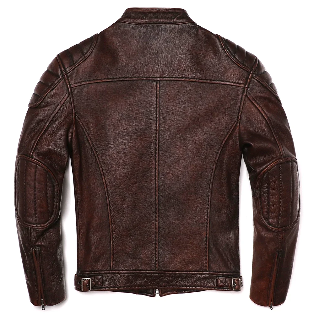 Genuine Leather Motorcycle Jacket - Vintage Brown Cowhide Biker Coat for Men