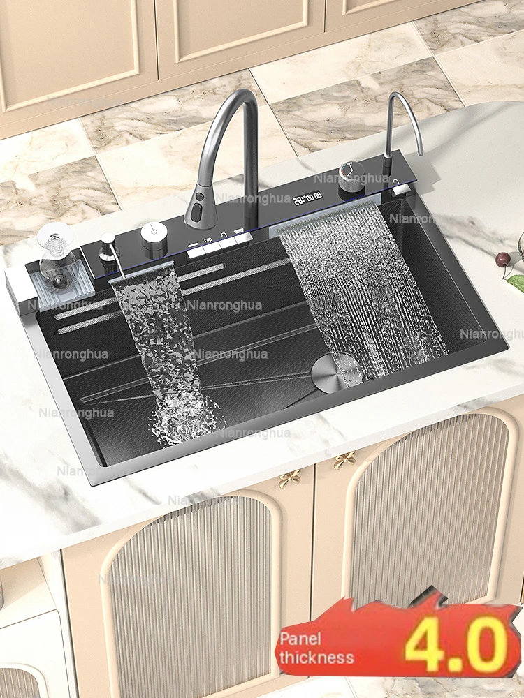 in stock 4MM thickness SUS304 Stainless Steel Kitchen Sink with Whale Waterfall Design and Honeycomb Vegetable Washing Bowl
