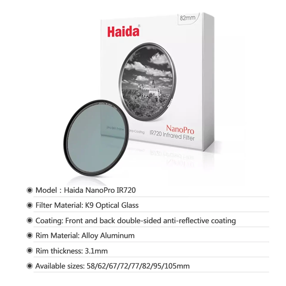 Haida NanoPro 적외선 사진 블록용 IR720 필터, 가시 광선, 최대 720nm, 58mm, 62mm, 67mm, 72mm, 77mm, 82mm, 95mm, 105mm