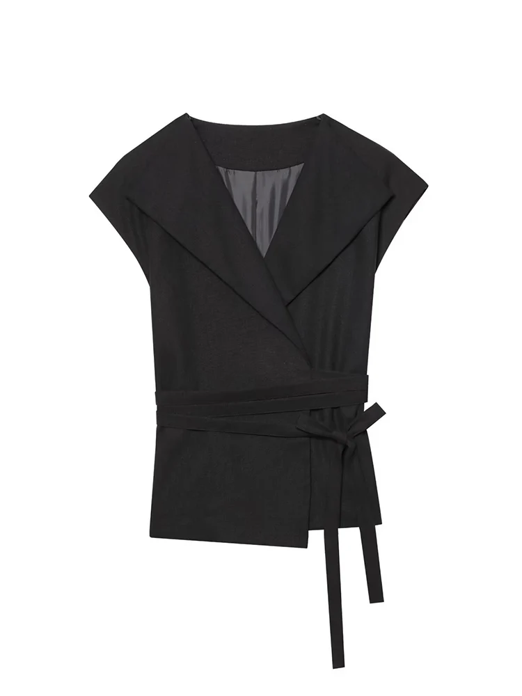 TFMLN Elegant Women Pant Set V Neck Sleeveless Belt Vest Top High Waist Side Pocket Solid Long Pant OL Commuting 2 Piece Suit