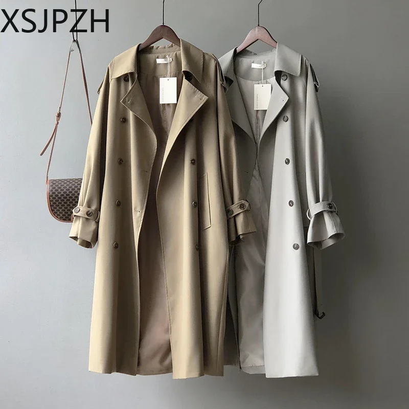 

Windbreaker Fall Spring Overcoat Double Breasted Gabardinas Classic Khaki Long Trench Coats Women Oversize Korean Fashion Belt