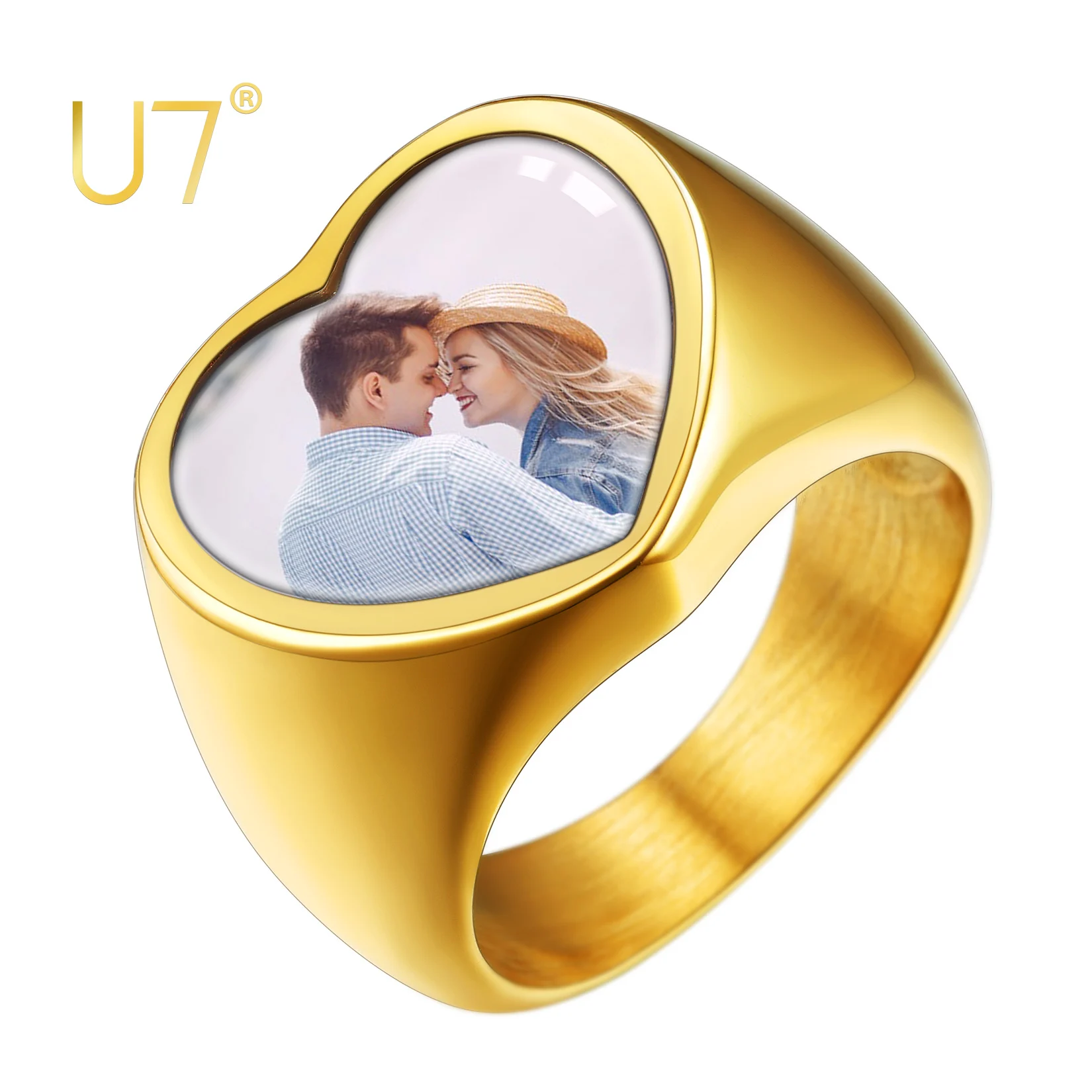 U7 Signet Rings Personalized Stainless Steel Photo Picture Print Text Engraving Heart Couple Ring for Men Women Christmas Gift duoying custom initials heart adjustable ring for women personalized enamel flower a z letter rings hiphop fashion jewelry gifts