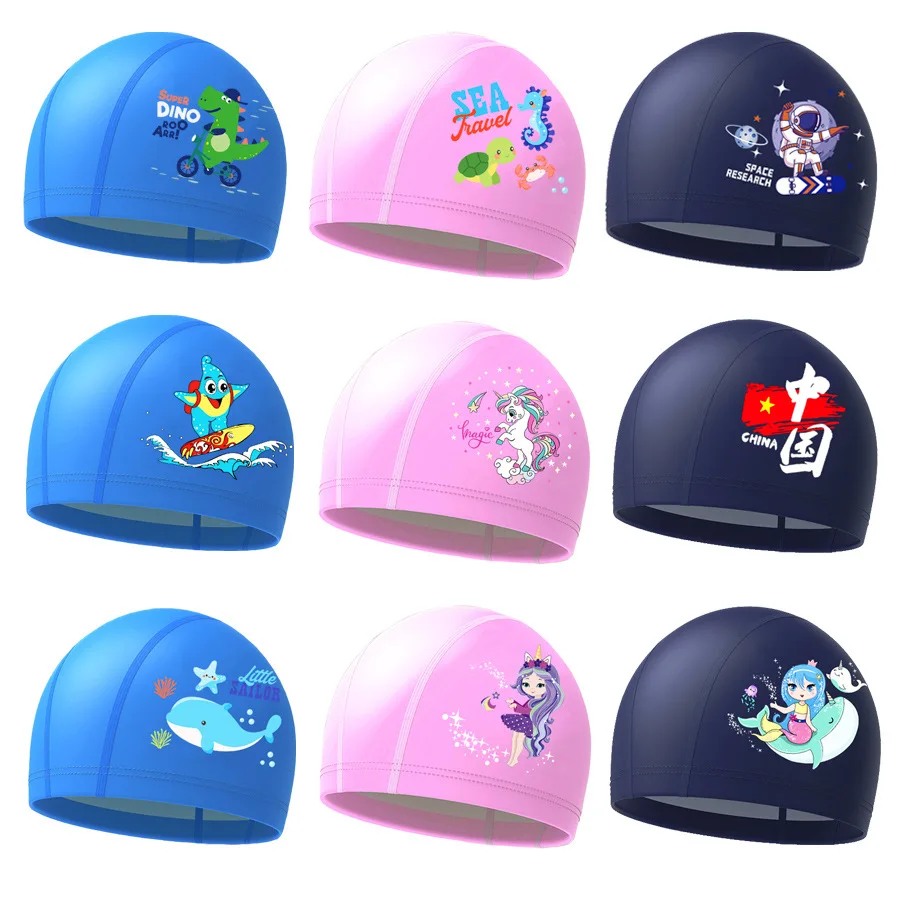 Children's Swimming Cap Cute Cartoon Printed Coated Swimming Cap Waterproof Ear Protector PU Swimming Cap for Boys and Girls 4
