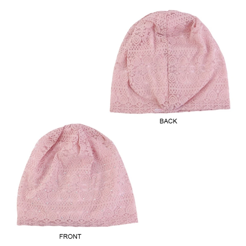 Women Elastic Turban Muslim Lace Rhinestone Hijab Islam Sleep Night Caps Chemo Pullover Hat Ladies Scarf Headwrap Baggy Beanies 5
