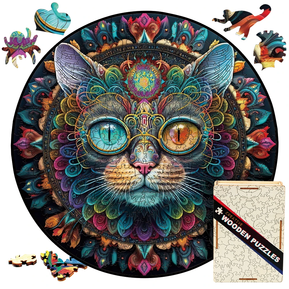 Magic Cat Mandala Wooden Puzzles Toys Round Animal Jigsaw Puzzle Crafts For Adults 3D Wood Puzzle Cats Board Games For Children cats eating paella jigsaw puzzle diorama accessories name wooden toy puzzle