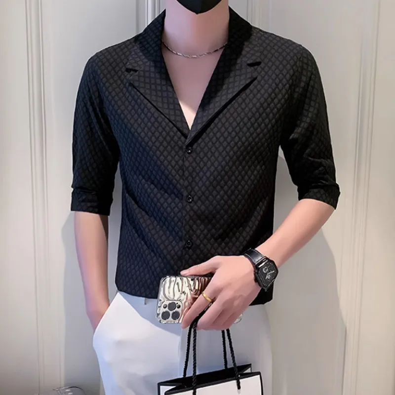 

Men's Summer Leisure Half Sleeve Business Shirts/Male Slim Fit High Quality Fashion V-neck Plaid Solid Color Shirt M-3XL