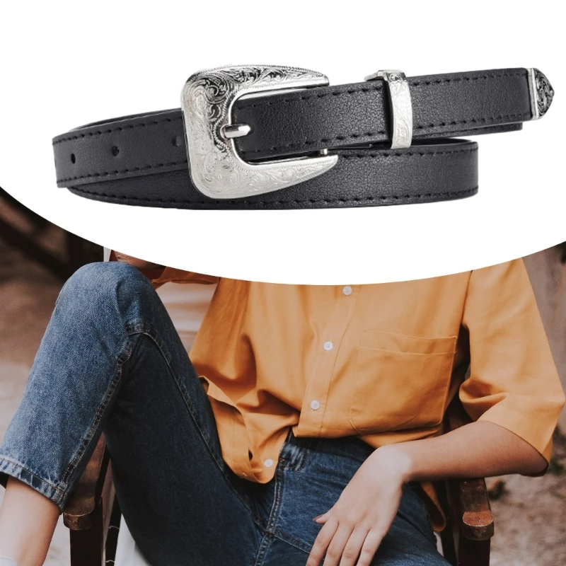 

Женский пояс с резной цветочной пряжкой, тонкий пояс из искусственной кожи для классических джинсов, регулируемый DXAA