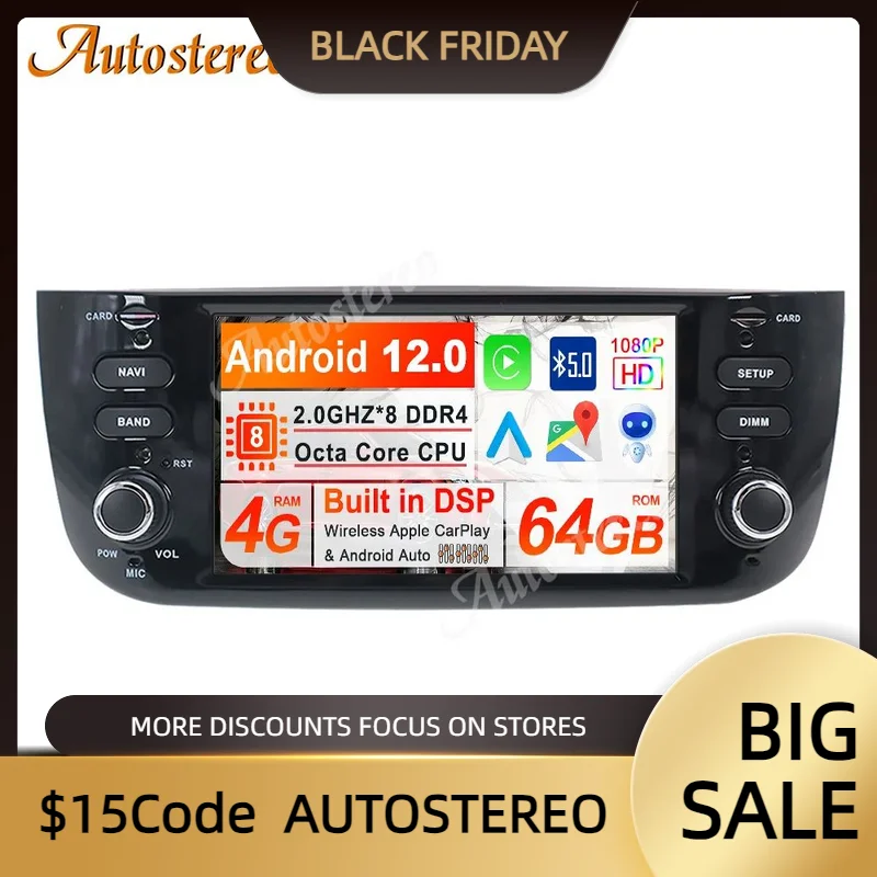 Per Fiat/Linea/Punto Evo 2009-2016 Android 12.0 Autoradio Car Dvd Multimedia Player Navigazione Gps Stereo Radio Tape Recorder Hd