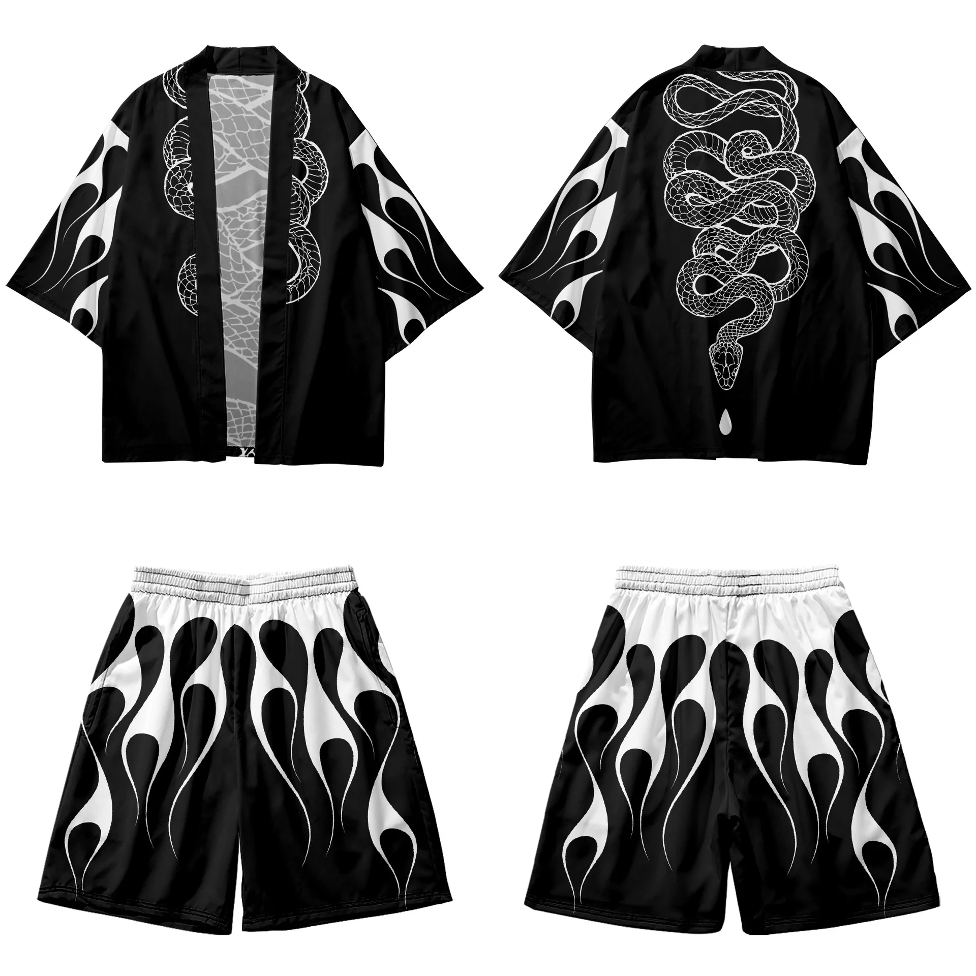 Summer Two-piece Suit Vintage Japanese Loose Cardigan Haori Yukata Green Demon Print Kimono Shorts Sets
