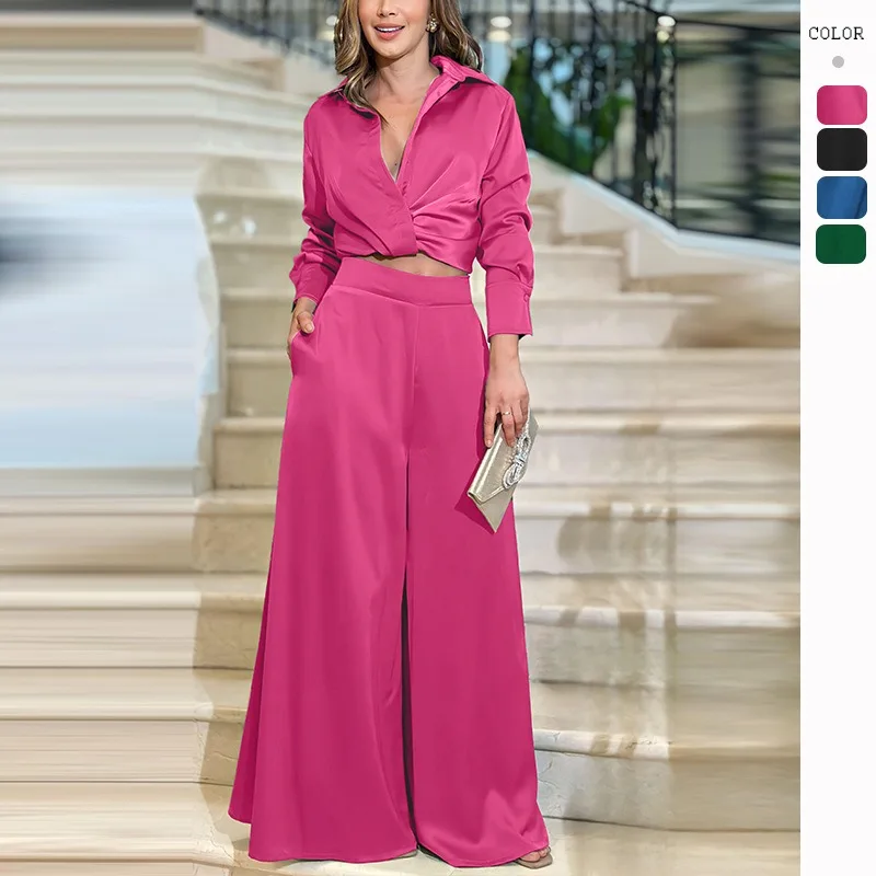 

Temperament Shirt Collar Short Top High Waist Solid Color Autumn Winter Sexy Fold Long Sleeve Wide Leg Pants Casual Suit Women