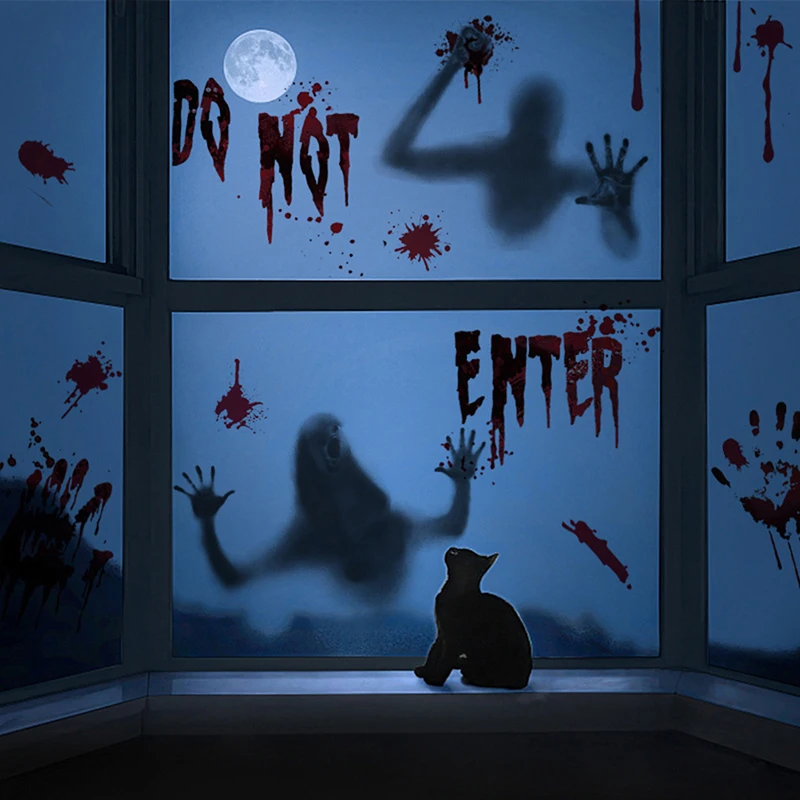 Halloween stickers wall stickers toilet stickers horror blood hand print door window bathroom shadow glass female ghost wall decal decor