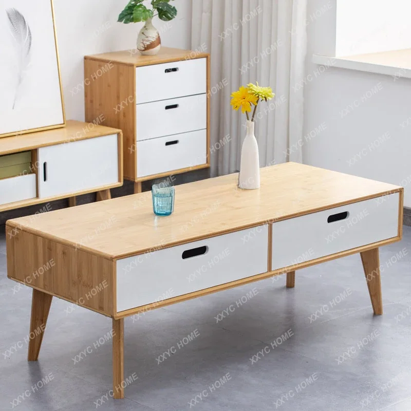 Round Corner Coffee Table Home Living Room Small Apartment Simple TV Cabinet Combination Tea Table Bamboo Solid Wood Tea