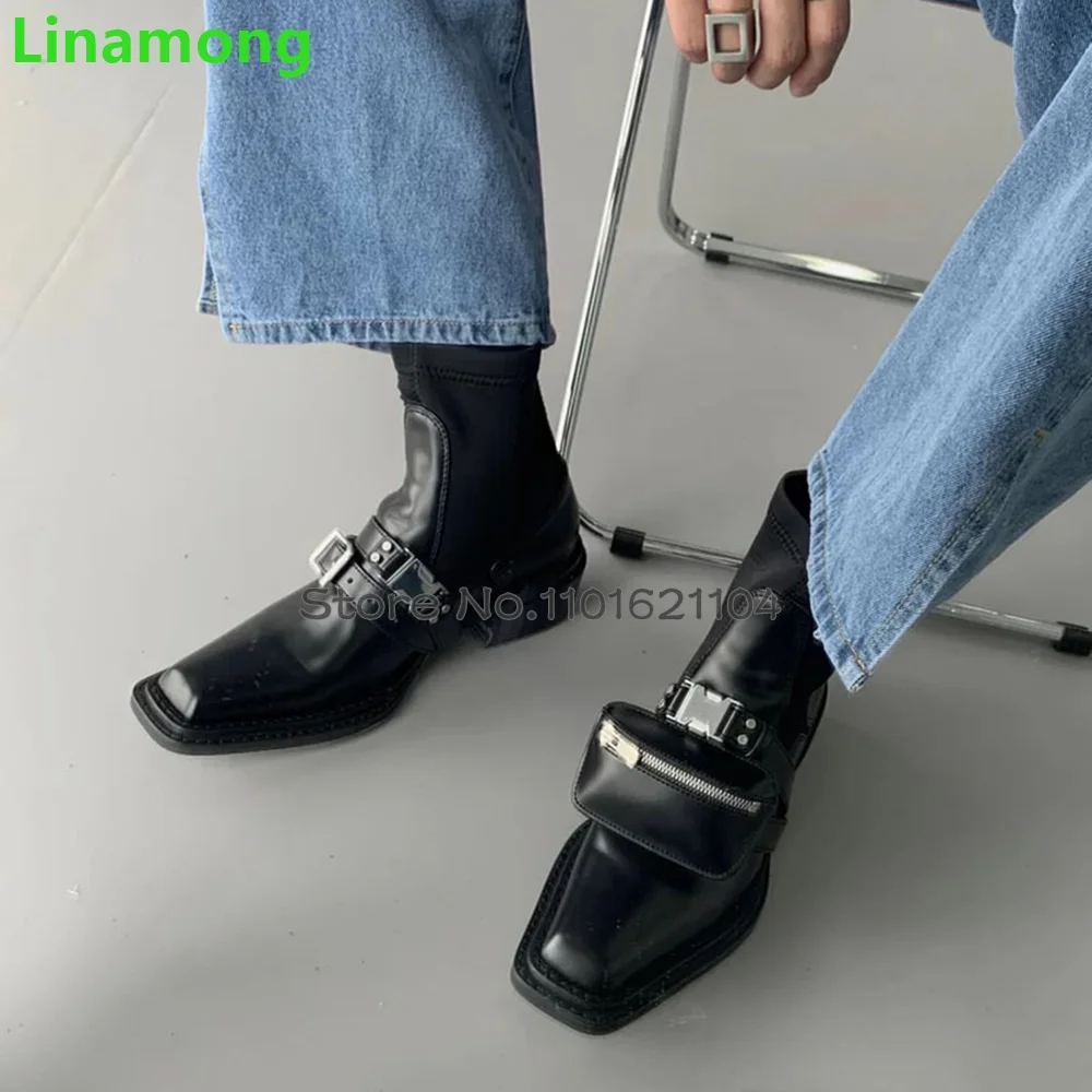 Black Square Toe Pocket Design Boots For Female Women 2024 New Chunky Heel Slip-on Leather Fabric Fashion Runway All-match Shoes