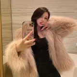 Korean Style Fashion New Women Fox Fur Coat 2023 Winter Crew Neck Long Sleeve Short Slim Fit Stitching Faux Leather Fur Coat
