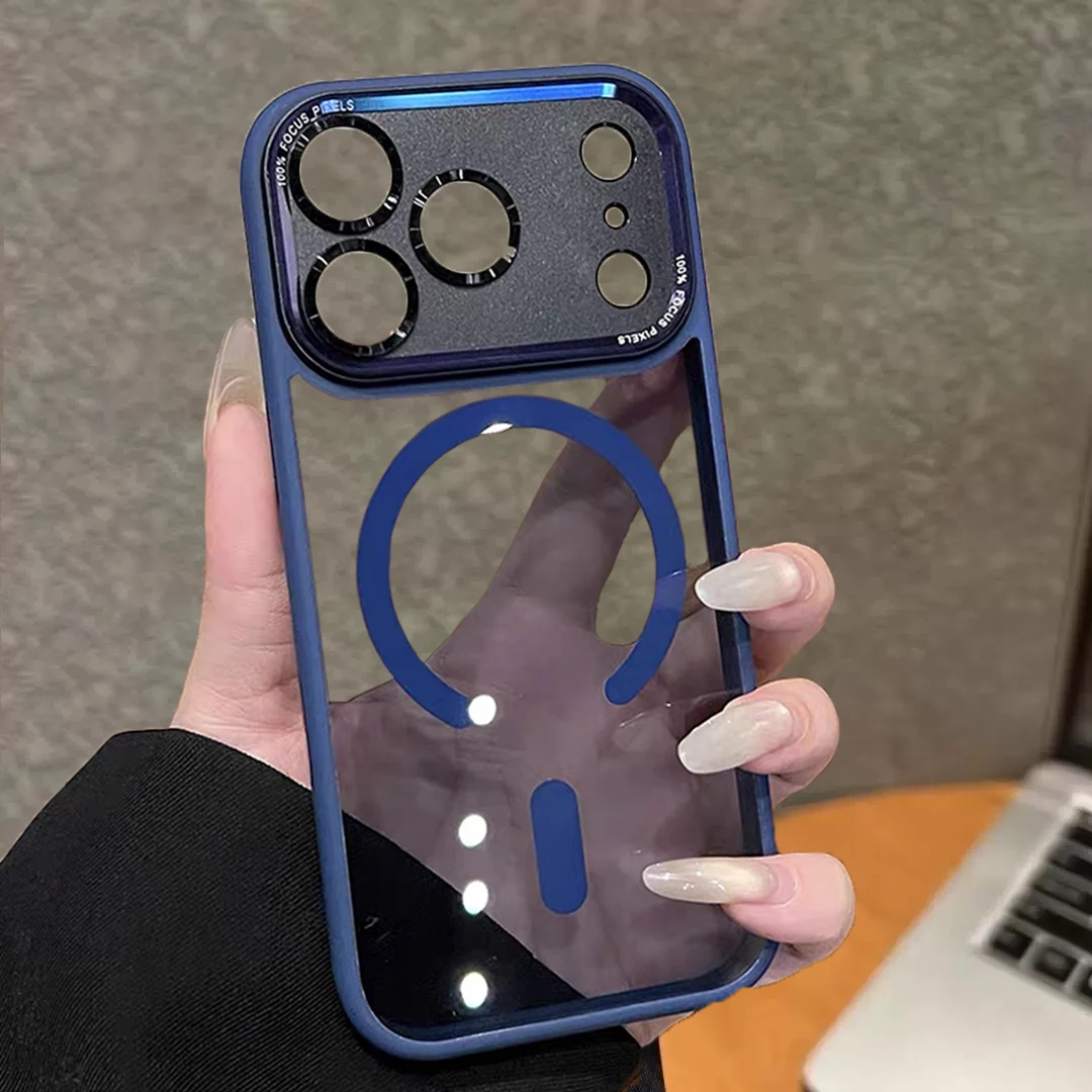 Sleek Clear Acrylic Magnetic Phone Case with Metal Frame and Wireless Charging Compatibility