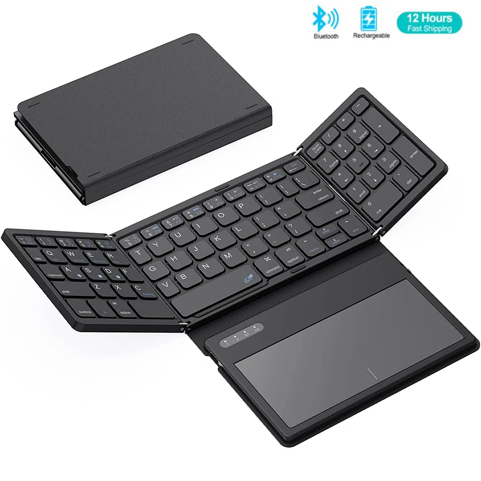 Teclado Dobrável Bluetooth com Touchpad Recarregável Grande Ultra Fino Tri-dobrável