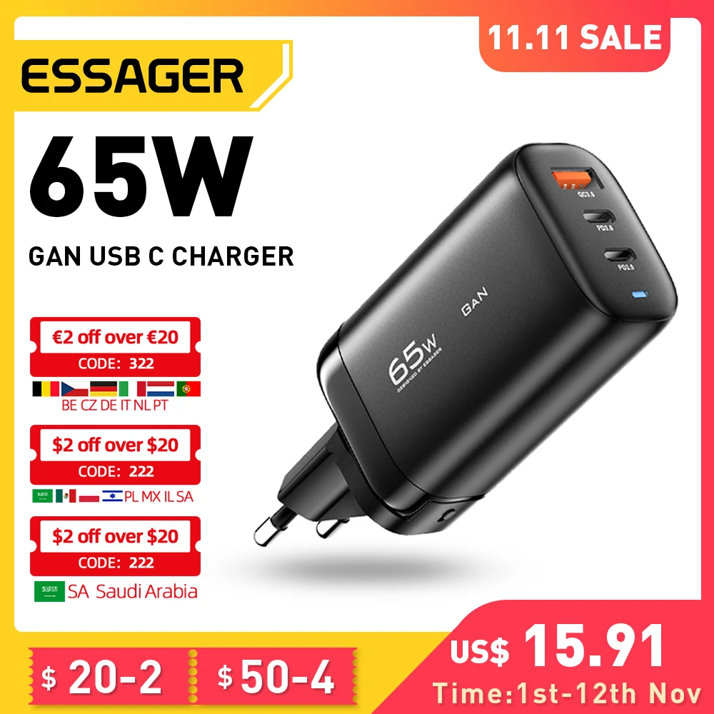 Essager 65W GaN USB Type C Charger For Laptop PPS 45W 25W Fast Charge ...