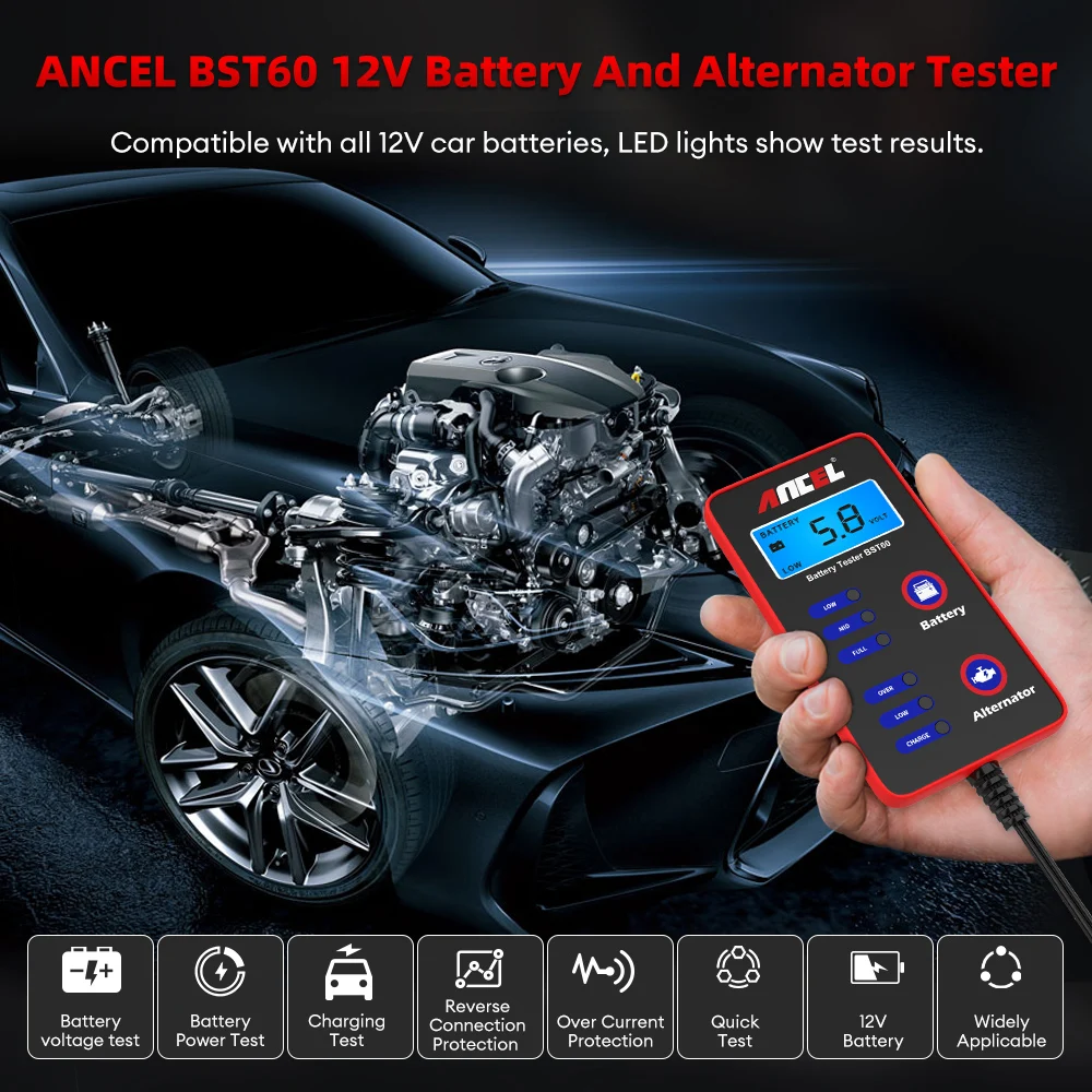 12V Digital Car Battery Tester Battery Condition Tester Alternator Charging System Analyzer Test with Cigarette Lighter