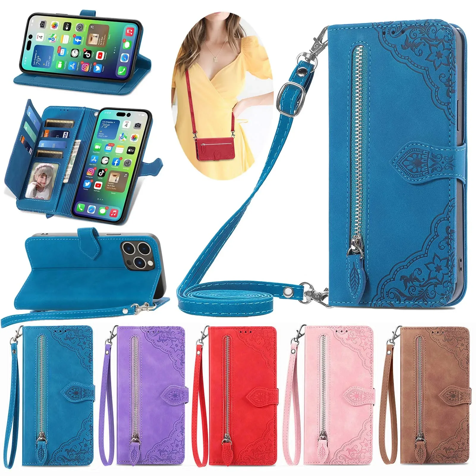 Zipper Wallet Flip Case For Google Pixel 8A 8 7A 6A 5A 4A 5G Google Pixel 7 Pro 6 5 XL 4 XL Phone Cover Long Wrist Strap