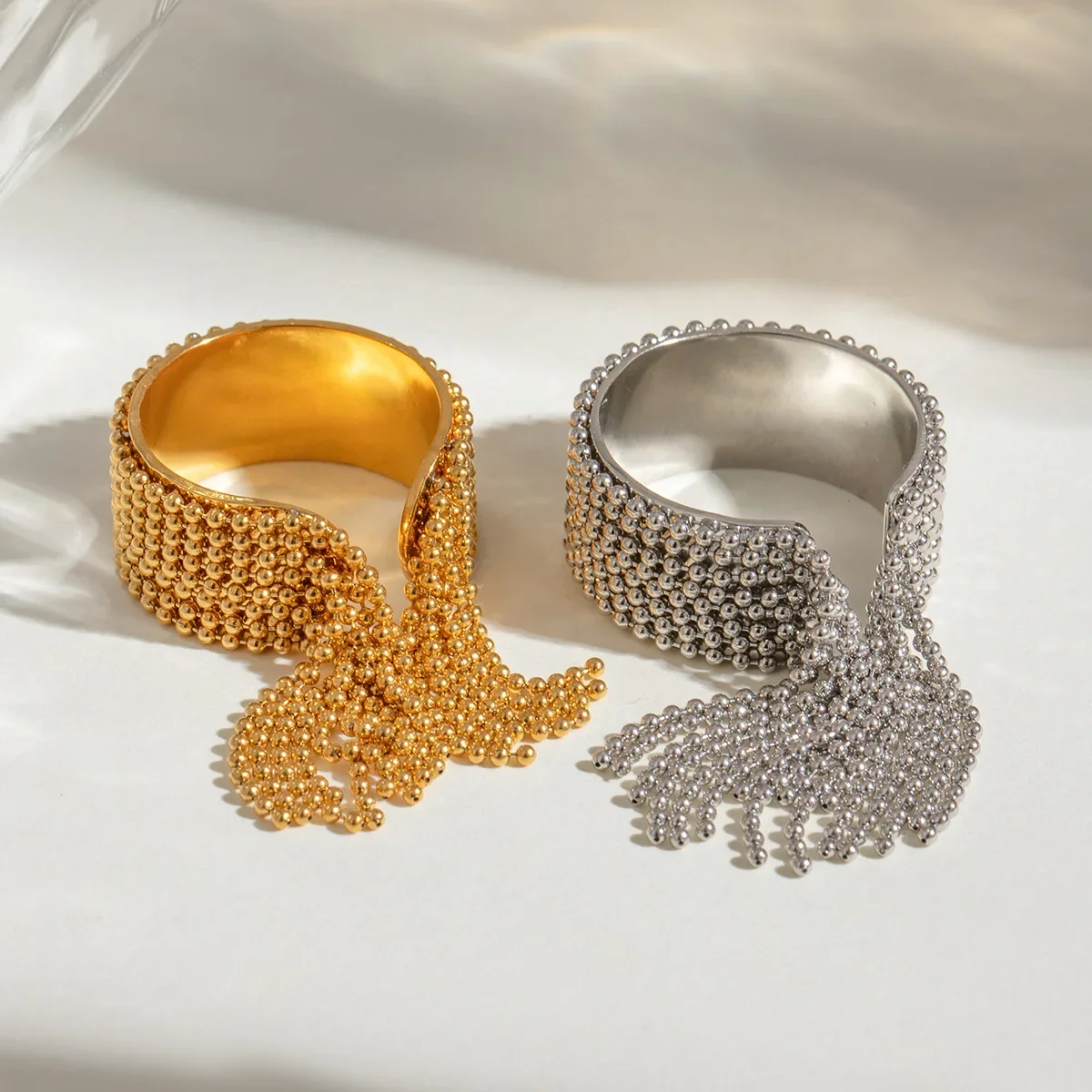 Stilvoller Edelstahl-Ketten-Quasten-Fingerring, verstellbar, 18 Karat PVD-beschichtet, hochwertiger Charme, stilvoller goldener Schmuck
