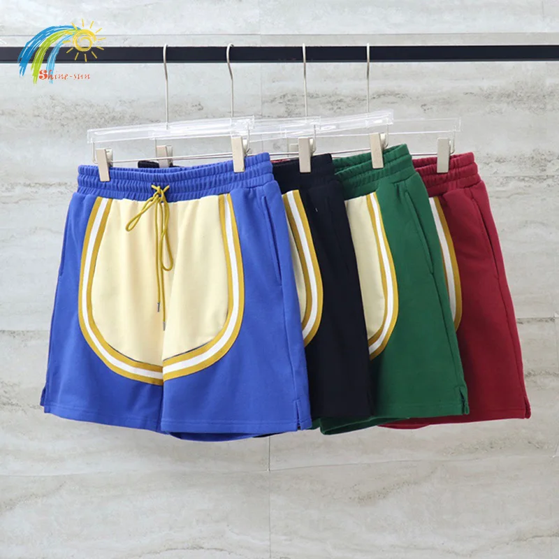 

2023 Blue Red Green Black RHUDE Shorts Men Women High Quality Drawstring Cotton Oversized Striped Patchwork Breeches Inside Tag