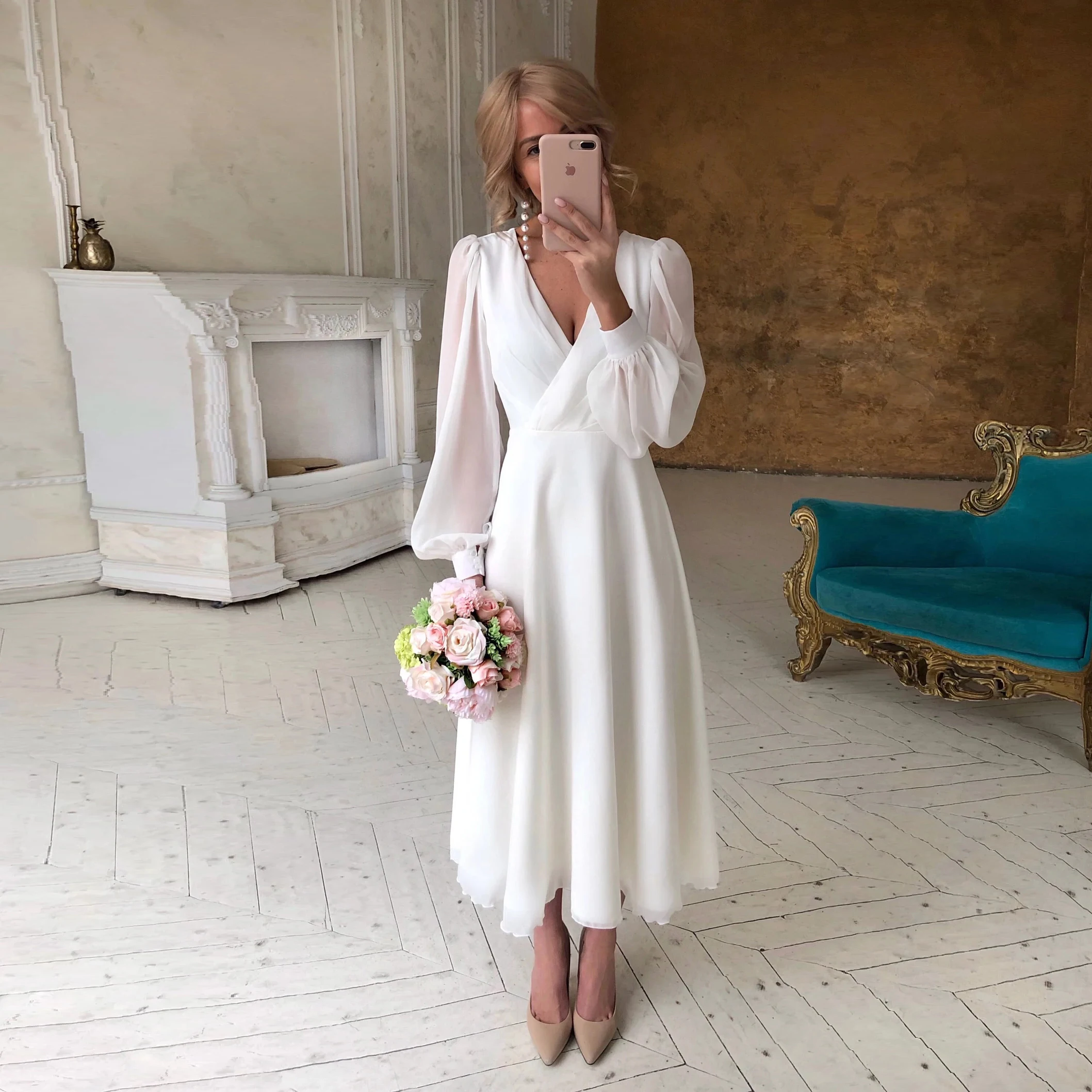 

Elegant Short Wedding Dresses A Line V Neck Puff Long Sleeves Bridal Gowns 2023 Simple Marriage Dress Vestido De Novia For Woman