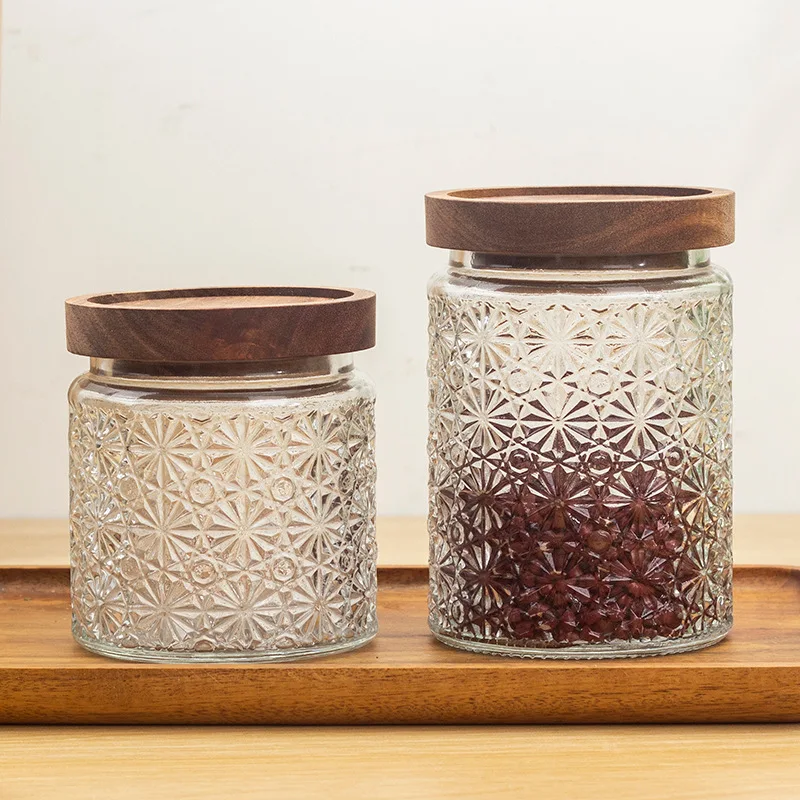 

Vintage Glass Airtight Storage Jar, With Airtight Wood Lid, Kitchen Food Containers, for Coffee Tea Beans, Oats, Candy, 700 ML