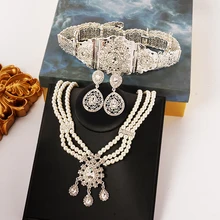 Moroccan Women's Pearl Earrings Pearl Necklace Waist Chain Arab Wedding Ornaments Collection Green Rhinestone Jewelry