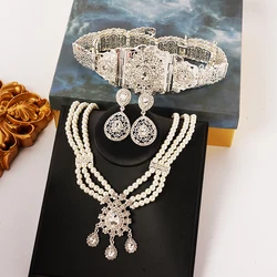 Moroccan Women's Pearl Earrings Pearl Necklace Waist Chain Arab Wedding Ornaments Collection Green Rhinestone Jewelry
