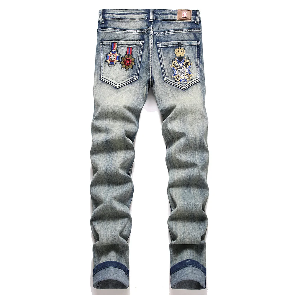 Men Badge Patch Denim Jeans Embroidery Patchwork Ripped Distressed Pants Slim Tapered Stretch Trousers 2