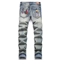 Men Badge Patch Denim Jeans Embroidery Patchwork Ripped Distressed Pants Slim Tapered Stretch Trousers 2